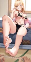 1boy 1girls bed bikini black_bikini black_swimsuit blonde_hair breasts choker ear_piercing earrings feet floral_print foot_fetish foot_focus gojou_wakana gyaru kitagawa_marin lancheu large_breasts long_hair looking_at_viewer measuring measuring_tape midriff mostly_offscreen_character multicolored_hair navel necklace on_bed painted_fingernails painted_toenails pink_hair red_eyes sono_bisque_doll_wa_koi_wo_suru swimsuit window