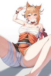 bandage bandages blonde_hair blush breasts clothing female genshin_impact japanese_clothes kimono large_breasts looking_at_viewer naughty_face orange_eyes peace_sign ponytail sarashi shimenawa smile solo_female spread_legs teasing underwear yoimiya_(genshin_impact)