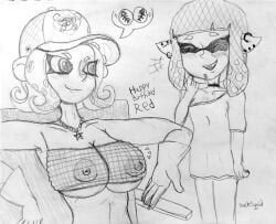 2023 artist_signature fukuroika_(sacksquid) inkling inkling_girl monochrome oc octoling octoling_girl pencil_(artwork) red_(redtheocto) sacksquid self_upload splatoon splatoon_(series) splatoon_2 splatoon_3 tagme