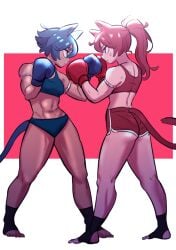 2girls bare_shoulders blue_boxing_gloves blue_gloves blue_hair blue_shirt boxing_gloves boxing_stance dark-skinned_female dark_skin duo female female_only gloves kickboxing multiple_girls original red_boxing_gloves red_gloves red_hair red_shirt shirt tagme toeless_legwear