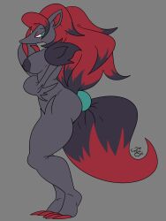 anthro big_breasts breasts claws female fur generation_5_pokemon green_eyes grey_body grey_fur hair long_hair nintendo nipples pokemon pokemon_(species) ponytail red_hair solo standing toni_oni zoroark