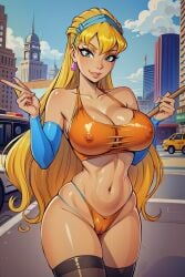 1girls ai_generated ai_hands bikini blue_sky cameltoe city cloud day facing_viewer huge_breasts looking_at_viewer outdoors public rainbow_(animation_studio) smile solo stella_(winx_club) street winx_club