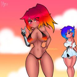 2girls belle_fontiere bikini female_only glitch_productions meta_runerrn multiple_girls one-piece_swimsuit sunset tari_(smg4)