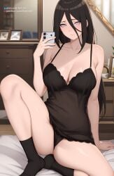 1girls ai_generated artist_name babydoll big_breasts boruto:_naruto_next_generations breasts brown_hair busty cellphone cleavage embarrassed female female_only front_view holding_object huge_breasts hyuuga_hanabi legwear light-skinned_female light_skin lingerie looking_at_viewer nai_diffusion naruto naruto_(series) no_bra oppai pak-fa-t-50 panties patreon_username pixiv_username revealing_clothes selfie skimpy skimpy_clothes sleepwear socks stable_diffusion taking_selfie text url very_long_hair violet_eyes watermark web_address