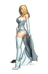 blonde_hair blue_eyes brandon_peterson breasts cape cleavage corset emma_frost female female_only hellfire_club large_breasts marvel marvel_comics opera_gloves panties sideboob thighhighs white_queen x-men