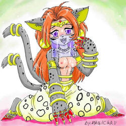 bastemon breasts claws clothing digimon digimon_xros_wars exposed_breasts feline female female_only front_view magicaru multi_tail sitting solo tagme topless