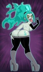 1girls big_ass blue_hair danny_phantom ember_mclain ghost_girl gloves green_eyes grey_skin high_heel_boots high_heels looking_at_viewer looking_back nickelodeon platform_heels ponytail sideboob tongue_out wrenzephyr2