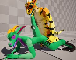 3d_(artwork) all_fours anthro claws closed_eyes digital_media_(artwork) doggy_style duo female from_behind_position horn humanoid kobold kobold_dellarte kret low_poly male male/female nude open_mouth raised_tail reptile scalie sex simple_background tail tail_grab vijaya