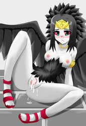 after_sex armband black_hair blush breasts censored corset cum emblem fabled_grimro feathers green_eyes high_heels highres jewelry necklace pale_skin shoes sitting tiara wings yu-gi-oh!