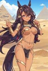 1girls ai_generated ancient_egypt ancient_egyptian animal_ears blue_sky brown_hair cloud cosplay dark-skinned_female dark_skin day desert egyptian_clothes eyeshadow facing_viewer female hair_ornament horse_girl long_hair looking_at_viewer medium_breasts multicolored_eyes outdoors pyramid revealing_clothes rigantona_(umamusume) solo umamusume umamusume_pretty_derby