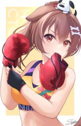 1girls animal_ears blush bone_hair_ornament boxing boxing_gloves brown_eyes brown_hair canine cute dog_ears dog_girl female female_only fingerless_gloves gloves hair_ornament hololive hololive_gamers hololive_japan inugami_korone light-skinned_female light_skin looking_at_viewer mouth_hold orange_background red_boxing_gloves red_gloves shiinochi solo sports_bra upper_body virtual_youtuber