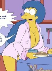 bathrobe big_breasts blue_hair cleavage comic croc_(artist) cropped kitchen kitchen_utensils marge_simpson pancake the_simpsons yellow_body