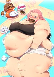 1girls 2023 bbw belly breasts chloe_(better_with_salt) donut fat female female_focus hi_res high_resolution highres huge_belly huge_breasts huge_thighs looking_down navel obese obese_female oc overweight overweight_female pink_hair ripped_clothing ripped_shorts solo solo_female solo_focus squarewave struggling sweat sweating thick_thighs thighs wardrobe_malfunction