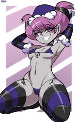 1girls armpits arms_behind_head bigdeadalive bikini breasts choker christmas dc dc_comics full_body jinx_(dc) kneeling micro_bikini pink_hair smile solo tagme teen_titans thighhighs violet_hair