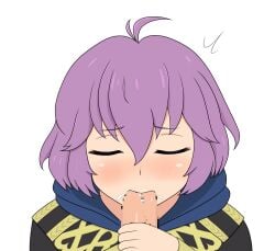 1boy 1girls ahoge bernadetta_von_varley blush breasts censored closed_eyes cum cum_in_mouth fellatio female female_focus fire_emblem fire_emblem:_three_houses garreg_mach_monastery_uniform hood male nintendo oral penis purple_hair short_hair small_breasts solo_focus white_background yoshio_hentai