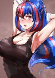 1girls alear_(female)_(fire_emblem) alear_(fire_emblem) alternate_hairstyle armpits arms_up blue_eyes blue_hair blush breasts cleavage clothing female female_only fire_emblem fire_emblem_engage large_breasts long_hair looking_at_viewer multicolored_hair nintendo official_alternate_hairstyle ponytail red_eyes red_hair simple_background smile solo sweat sweat_stain sweaty_body tank_top tied_hair to_(tototo_tk)