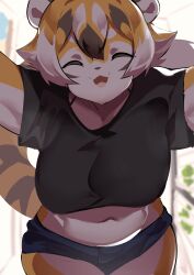 1girls anthro big_breasts breasts closed_eyes female mei_xiang mx99926 oc short_shorts shorts smile smiling solo solo_focus striped striped_body striped_fur stripes t-shirt thick_thighs wholesome wide_hips