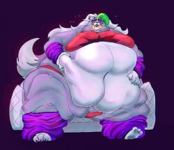 animatronic animatronic_female bbw cellulite fat fat_arms fat_ass fat_belly fat_breasts fat_calves fat_cheeks fat_feet fat_fetish fat_hands fat_legs fat_robot fat_rolls fat_thighs female five_nights_at_freddy's five_nights_at_freddy's:_security_breach green_claws green_hair_streak huge_belly huge_legs looking_at_viewer massive_belly messy_face mfaout morbidly_obese purple_armwear purple_leggings purple_lips red_crop_top red_shorts robot robot_girl roxanne_wolf_(fnaf) sitting_on_bed sparkles ssbbw white_hair wolf