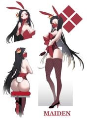 ass big_ass black_hair black_socks breasts bunny_ears bunny_girl bunny_tail bunnysuit cleavage fishnet_socks fishnet_thighhighs fishnets goddess_of_victory:_nikke heels maiden_(nikke) mask red_eyes sitting socks socks_and_heels thigh_socks thighhighs white_background