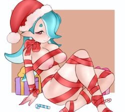 2022 blue_hair breasts cephalopod cephalopod_humanoid christmas female hair_over_one_eye hi_res highres light-skinned_female light_skin octoling octoling_girl red_eyes santa_hat shiver_(splatoon) shiver_hohojiro splatoon splatoon_(series) splatoon_3 tentacle_hair vespbee