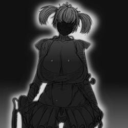 animatronic bangs big_breasts cleavage clothed clown clown_girl creepy crown face_in_shadow five_nights_at_freddy's fnaf freddy_fazbear's_pizzeria_simulator hair horrorhub huge_breasts kaxiota large_breasts midriff monochrome nightmare_fuel nightmare_waifu nipples nipples_visible_through_clothing panties panty_bow scrap_baby scrap_baby_(fnaf) shiny_skin smile smiling twintails