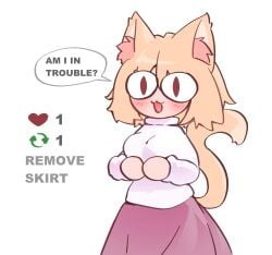 1girl 1girls 2d anthro blonde_female blonde_hair blonde_hair_female cat_ears cat_girl cat_humanoid cat_tail catgirl challenge english english_dialogue english_text feline female female_only heart lefantis like_and_retweet like_icon meme neco-arc pink_bottomwear pink_clothing pink_skirt pink_tuft question red_eyes retweet retweet_(meme) retweet_challenge retweet_icon simple_background talking_to_another tsukihime turtleneck type-moon white_background white_clothing white_shirt white_turtleneck