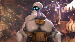 1boy 1girls 1robot_girl 3d anthro ass back back_view big_ass big_breasts big_butt blue_eyes completely_nude completely_nude_female eve_(wall-e) female looking_back male naked naked_female nipple nude nude_female rayhuma robot squatting tagme wall-e wall-e_(character)