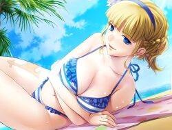 07th_expansion 1girls beach beatrice_(umineko) big_breasts bikini blonde_hair blue_eyes breast_hold breasts busty cleavage crossed_arms female female_only highres leg_tattoo legs long_hair looking_at_viewer lying medium_breasts ocean official_art parted_lips ponytail seductive_smile sensual smile solo sweat swimsuit tattoo thighs thong_bikini umineko_no_naku_koro_ni water