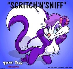 1990s 1994 anthro breasts female female_only fifi_la_fume fur furry karri_aronen kneeling motion_lines nude purple_fur skaven_(artist) skunk solo tagme text tiny_toon_adventures toony