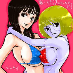 2girls armpit artist_request asymmetrical_docking bikini black_hair blonde_hair bob_cut breasts erect_nipples female female_only hug long_hair looking_at_viewer multiple_girls nico_robin nipple_bulge one_piece pre-timeskip sideboob stitches straight_hair text undead victoria_cindry yuri zombie