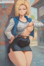 1girls ai_generated alley android_18 areola areolae belt blonde_female blonde_hair blue_eyes breasts breasts_out buttons curves curvy curvy_body curvy_female curvy_figure curvy_hips cutesexyrobutts_(style) denim denim_clothing dragon_ball dragon_ball_super dragon_ball_z earring earrings female female female_focus female_only fingers fit fit_female flashing flashing_breasts hand_on_hip jacket large_breasts looking_at_viewer muscular nipples outside patreon patreon_logo patreon_reward patreon_username pink_nipples seductive shirt shirt_lift shirt_up short_hair short_skirt skirt sky smile smiling smirk striped stripes tagme thedachy thick_thighs white_skin