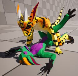 3d_(artwork) all_fours anthro claws closed_eyes digital_media_(artwork) duo female horn humanoid kobold kobold_dellarte kret low_poly male male/female nude open_mouth piledriver_position reptile scalie sex simple_background tail vijaya