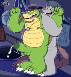 2024 absurd_res alligator alligatorid anthro balls bodily_fluids brok_(brok_the_investigator) brok_the_investigator clothing crocodilian cum detailed_background duo ejaculation erection genital_fluids genitals green_body grey_body hat headgear headwear hi_res male male/male mammal murid murine night nipples outside penis rat reptile rodent scalie sex slightly_chubby spotttheyeen squealers_chief