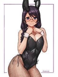 1girls 2023 animal_ears bakemonogatari blush breasts bunnysuit cleavage closed_mouth clothed clothing cowboy_shot crosshatching female fishnets glasses hands_up hanekawa_tsubasa human large_breasts leotard light_skin long_hair long_sleeves looking_at_viewer monogatari_(series) pantyhose purple_eyes purple_hair rabbit_ears semi-rimless_eyewear seraziel solo white_background wide_hips