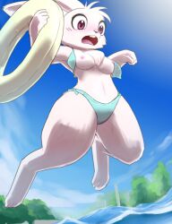 anthro bikini blush breasts buckteeth chest_tuft clothed clothing day eyelashes female flotation_device fur inflatable lagomorph leporid mammal midriff navel nipples open_mouth outside paws pool_toy purple_eyes rabbit ryu_masakaze shocked solo swim_ring swimming swimwear teeth thick_thighs tongue topless tuft wardrobe_malfunction water white_body white_fur