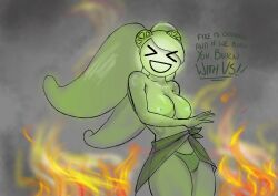 !! 1girls breasts color colored colored_sketch cookie_run english_text excited excited_female female female_only fire_background food_creature green_text hunger_games lime lime_cookie limes long_hair nipples panties panties_only topless