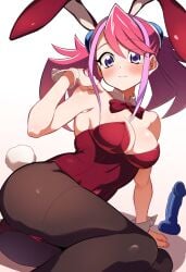 bunny_ears bunny_girl bunny_tail bunnysuit female hand_on_ground hand_on_shoulder hiiragi_yuzu red_bunnysuit sex_toy shounen_jump simple_background yu-gi-oh! yu-gi-oh!_arc-v yuzu_hiiragi zuzu_boyle