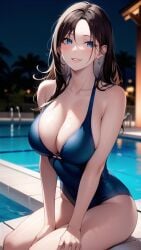 1girls ai_generated ai_mirror belly_button_visible_through_clothing big_breasts blue_eyes blue_swimsuit blush brown_hair bushes earrings hands_on_thighs long_hair looking_at_viewer palm_trees pool pool_ladder poolside sitting smile swimsuit white_skin