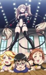 4girls age_difference animal_ears bdsm_outfit bondage boots breasts cat_ears collar domination dominatrix ekaterina_kurae elbow_gloves femdom gloves katsuragi_hana large_breasts long_hair masochism multiple_girls nipples satsuki_ayame_(seikon_no_qwaser) seikon_no_qwaser shiizaki_lulu short_hair thick_thighs thigh_boots twintails whip yuri