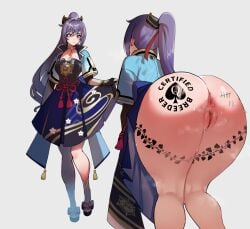 1female 1girls absurdres anilingus ass ass_tattoo big_ass big_breasts big_butt body_writing breasts cosplay dat_ass female genshin_impact kamisato_ayaka_(cosplay) keqing_(genshin_impact) long_hair ponytail purple_hair queen_of_spades raceplay solo_female spade spade_tattoo tally_marks tattoo thiccwithaq vine vine_tattoo