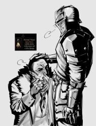 2boys armor bara barazoku big_penis blowjob blush clothing crusader crusader_(darkest_dungeon) daekiyu darkest_dungeon deepthroat erection gameplay_mechanics gay gay_blowjob gothic_artstyle greyscale hand_on_another's_head helmet highwayman_(darkest_dungeon) male male/male male_focus male_only manly monochrome near_monochrome on_knees oral oral_sex pauldrons penis shoulder_armor solo_male video_game_character visible_breath yaoi