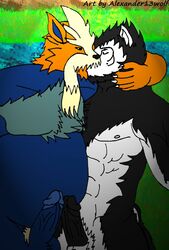 alexander13wolf anthro color day fur furry interspecies kissing male male_only multiple_males nude outdoors penis pokemon side_view stoutland tagme yaoi