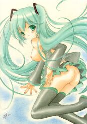 1girls aqua_hair asapon ass blue_eyes boots breasts detached_sleeves female hatsune_miku long_hair medium_breasts no_bra no_panties open_clothes open_shirt shirt signature skirt solo thigh_boots tigh_heights traditional_media twintails very_long_hair vocaloid