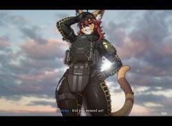 1girls 2020s 2024 2d 2d_(artwork) anthro anthro_only armor ashley_(mutagen) big_ears big_thighs caracal cat_ears catgirl dialogue ear ear_piercing earrings english english_text feline female female_focus female_only fully_clothed furry furry_female furry_only gloves hi_res highres hips large_thighs mammal military military_uniform original red_eyes red_hair schewiener solo solo_female solo_focus tail thick_thighs thighs wide_hips