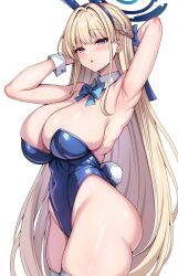 1girls aqua_bowtie armpits ass blonde_hair blue_archive blue_eyes blue_hair blue_leotard blush breasts cleavage covered_navel detached_collar fake_animal_ears fake_tail halo highleg highleg_leotard huge_breasts long_hair looking_at_viewer millennium_science_school_student mitomumitomu multicolored_hair open_mouth rabbit_ears rabbit_tail solo straight_hair thighs toki_(blue_archive) toki_(bunny)_(blue_archive) white_background wrist_cuffs