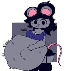 anthro belly black_eyes bra digestion digestion_noises female hair hand_on_belly isabelle_(whaatzit) looking_at_viewer mouse mouse_ears mouse_tail onomatopoeia skirt stockings stomach_bulge stomach_noises vore vore_belly whaatzit