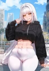 1girls ai_generated artstyle_imitation blanc_(nikke) breasts female female_only floox goddess_of_victory:_nikke gold_eyes gym_uniform high_resolution light-skinned_female light_skin long_hair medium_breasts naughty_face outdoors sportswear thiccwithaq_(ai_style) tights white_hair