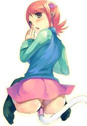 1girls anal anus ass blushing clothed kneeling mayl_sakurai mega_man mega_man_battle_network mega_man_nt_warrior no_panties pussy red_hair rockman rockman_exe sakurai_meiru sex_toy skirt squatting tail