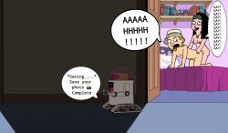 american_dad bedroom bedroom_sex dialogue_bubble doggy_style episode_cannon futa_on_male futanari hat hayley_smith husband_and_wife jeff_fischer jossyless nude_female nude_male robotic sad_expression