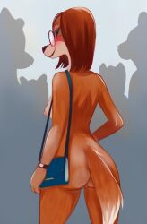 anthro ass bag blush brown_body brown_fur brown_hair canid canine canis casual casual_nudity domestic_dog eyewear female fur glasses group hair hi_res hunting_dog illumination_entertainment mammal public purse rear_view rin_tyan round_glasses saluki sighthound silhouette sing_(movie) smile solo solo_focus standing suki_lane tail wristwear